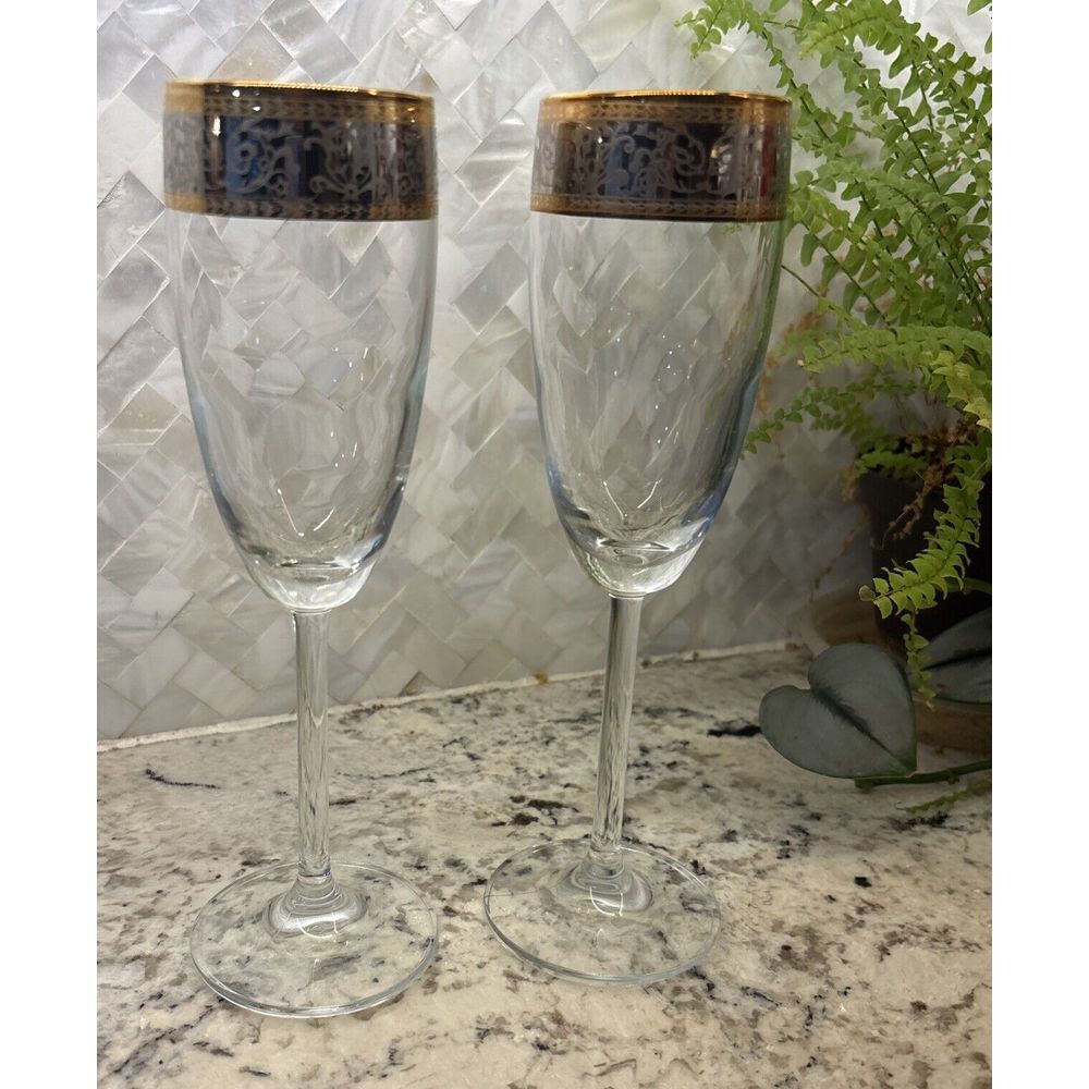 2 Baroque Gold & Platinum Crystal Stemware 24kt Champagne Glass Flute New Years